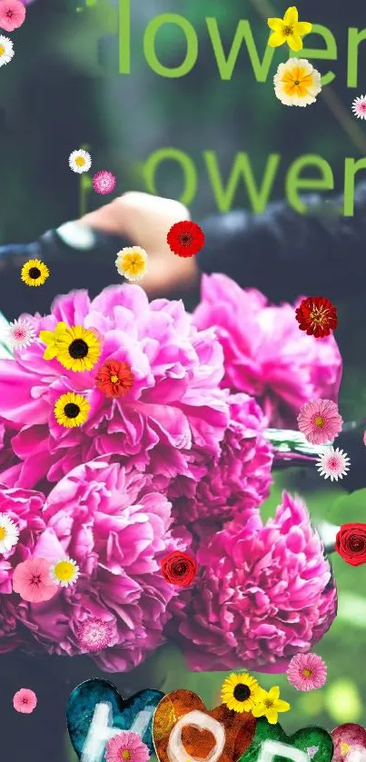 Vibrant floral wallpaper with pink blooms and colorful flowers scattered around.