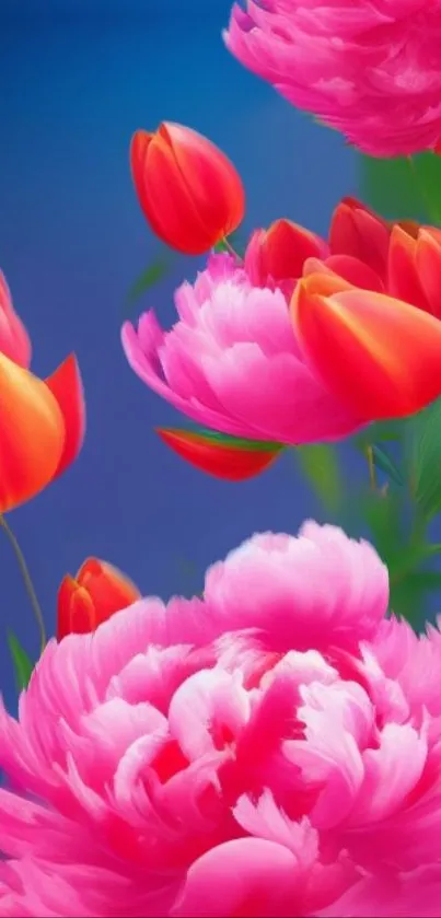 Vibrant pink peonies and red tulips wallpaper.
