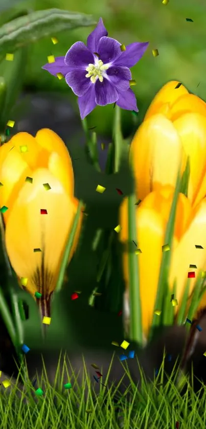 Yellow tulips and purple flower with confetti on mobile wallpaper.