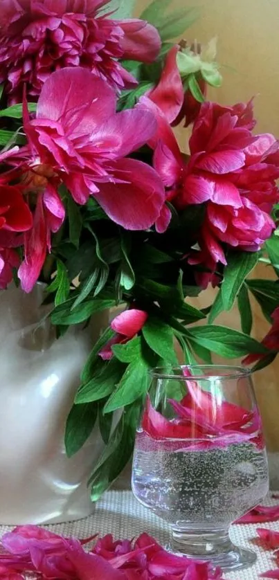 Vibrant wallpaper of pink peonies in a vase with a glass of water featuring petals.