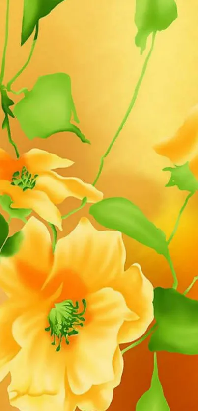 Orange floral wallpaper with green leaves on a bright background.