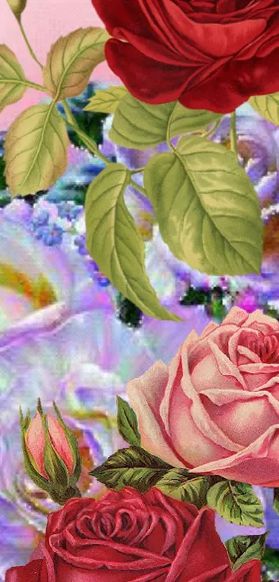 Colorful wallpaper with red and pink roses in a vibrant design.