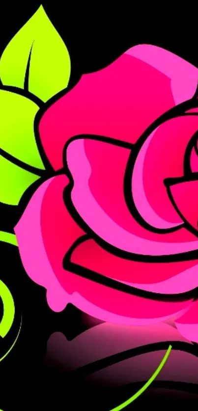 Vibrant neon pink rose with green leaves on black background wallpaper.