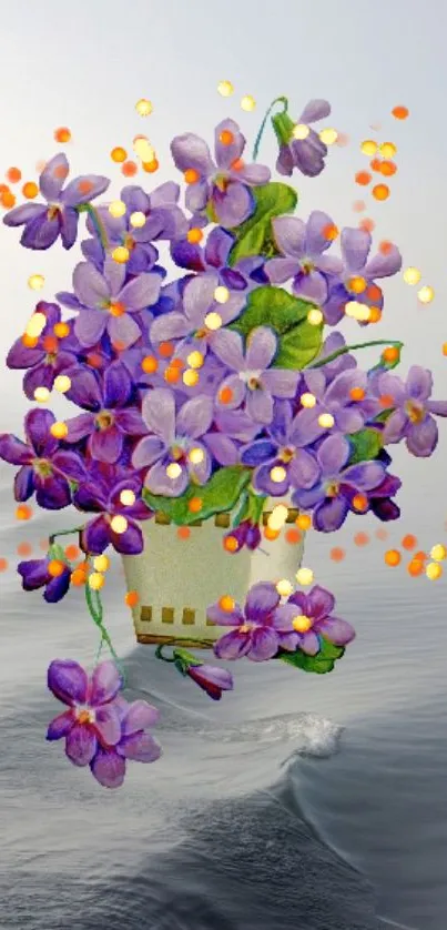 Purple flowers with colorful dots on a serene background wallpaper.