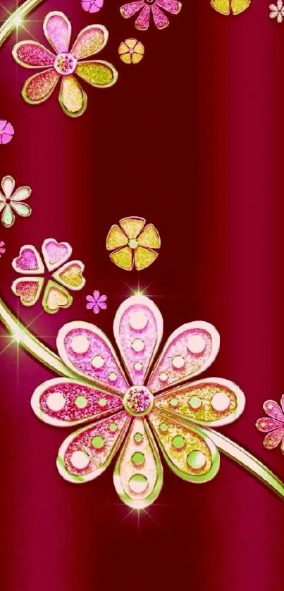 Vibrant floral mobile wallpaper with colorful flowers on a red background.