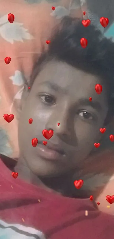 Young person on floral pillow with vibrant colors.