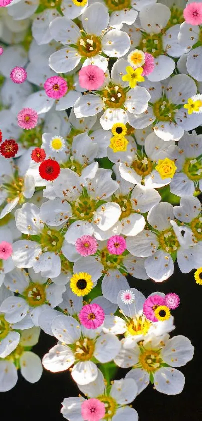 Vibrant floral wallpaper with colorful blossoms on white petals.