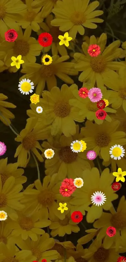 Vibrant floral wallpaper with yellow daisies and colorful blooms.