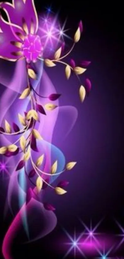 Vibrant floral wallpaper with purple hues and golden leaves.