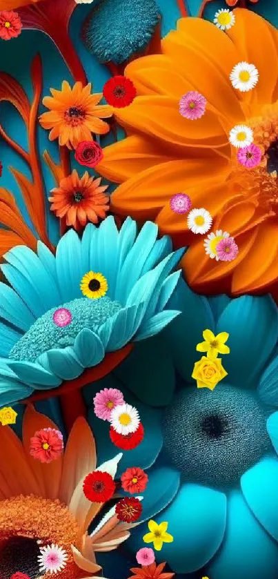 Vibrant orange and teal floral wallpaper for mobile screens.