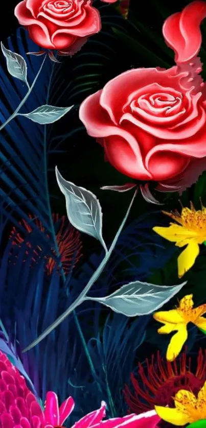 Vibrant floral wallpaper with red roses and lush foliage.