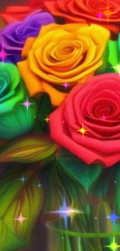 Colorful rose bouquet wallpaper with sparkling accents.