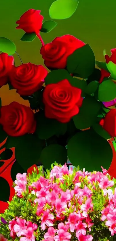 Colorful mobile wallpaper with red roses and lush greenery.