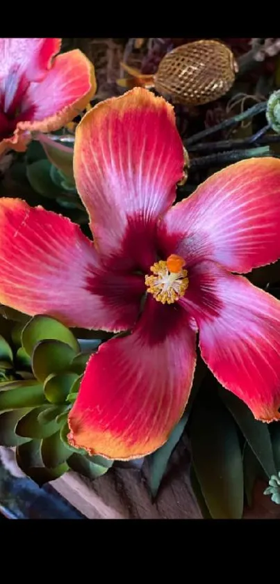 Red flower with succulents in vibrant wallpaper.