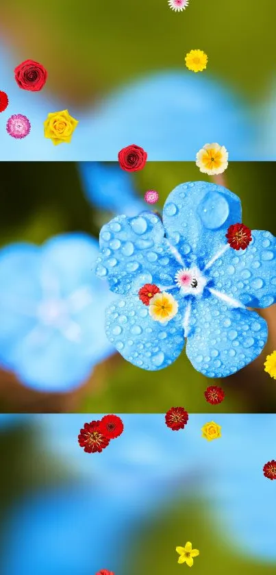 Vibrant blue flower with colorful blossoms on mobile wallpaper.