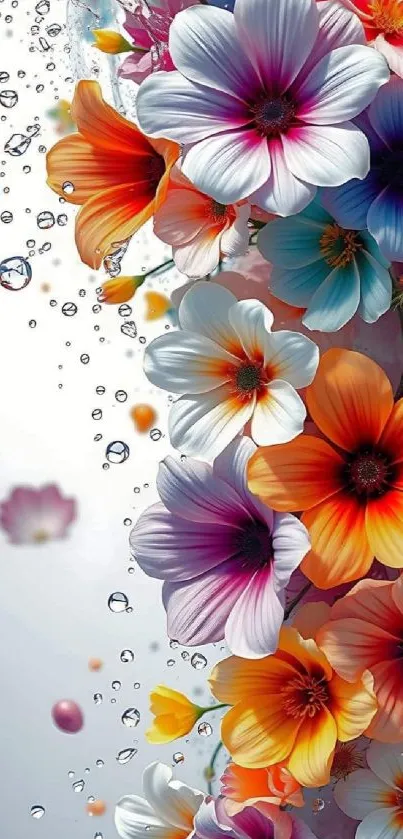 Vibrant floral wallpaper with colorful flowers and dewdrops.
