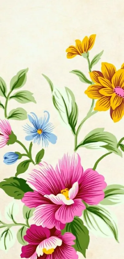 Vibrant floral wallpaper with colorful flowers and foliage on a beige background.