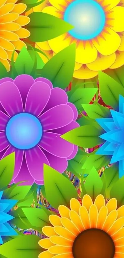 Vibrant and colorful floral wallpaper with green leaves and multi-colored flowers.