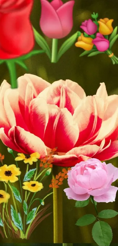 Vibrant floral wallpaper with diverse colorful flowers on green background.