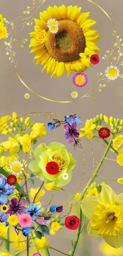 Vibrant floral wallpaper with sunflowers and colorful flowers on a bright background.