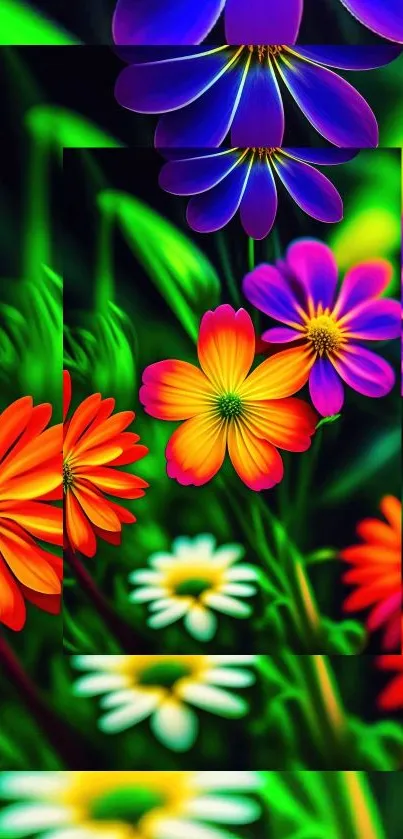 Colorful floral wallpaper with vibrant flowers and green background.