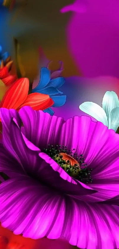 Vibrant floral theme featuring colorful flowers in magenta and other hues.