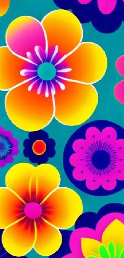 Colorful abstract floral wallpaper with bold turquoise background.