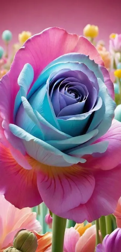 Vibrant multicolored rose with colorful floral backdrop.