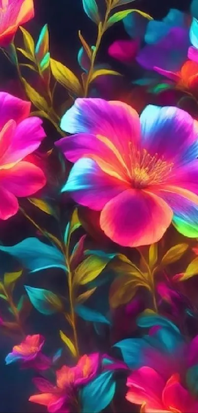 Vibrant floral wallpaper with colorful flowers on dark background.