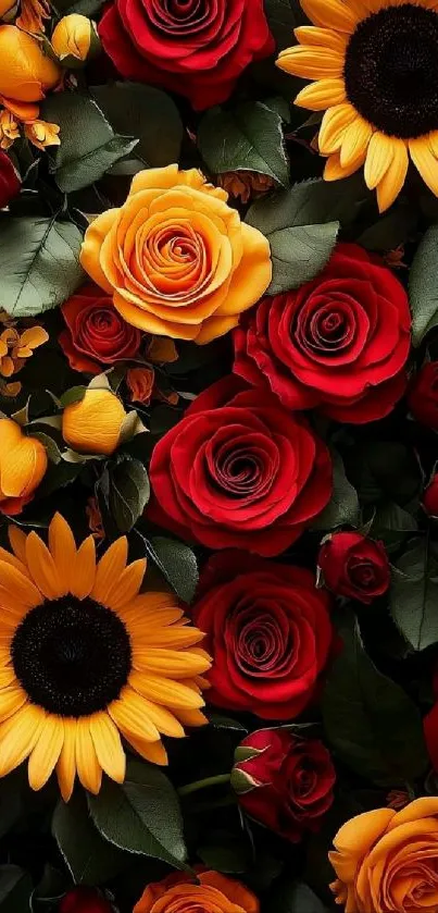 Bright sunflowers and red roses on a leafy background.