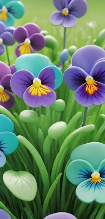 Colorful floral wallpaper with purple and blue pansies.