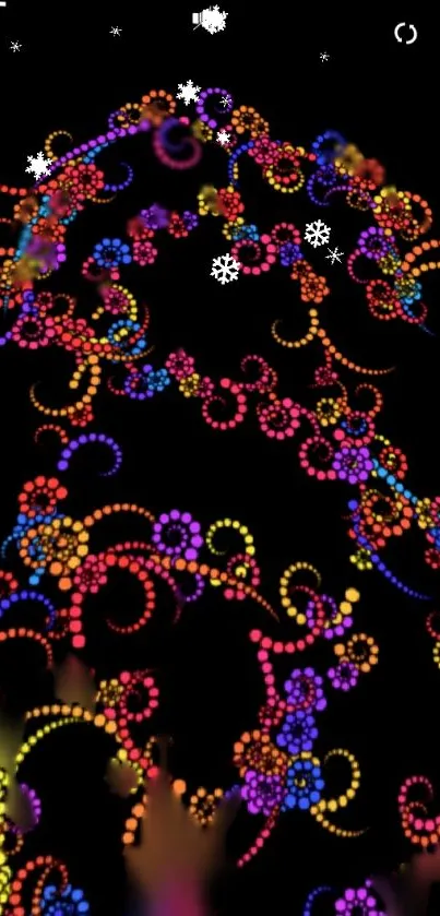 Vibrant abstract floral wallpaper on black background.