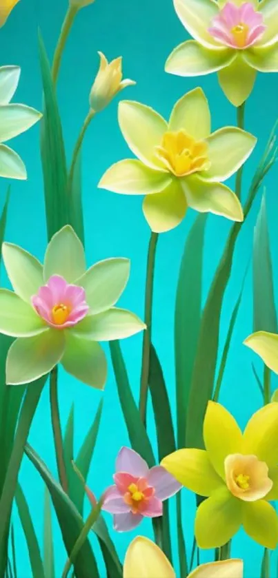 Vibrant yellow and pink flowers on a teal background wallpaper.