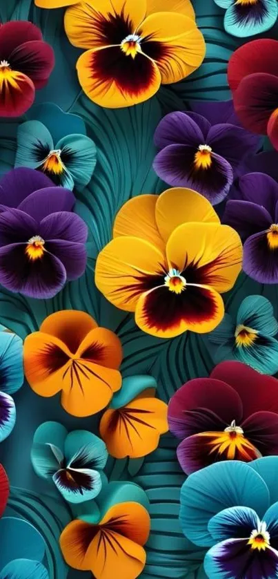 Vibrant pansy floral wallpaper with colorful petals on teal background.