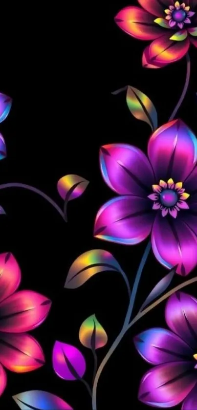 Vibrant purple and pink floral design on black background.