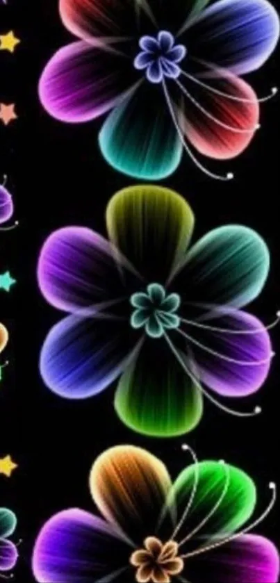 Neon floral wallpaper with colorful flowers on black background.