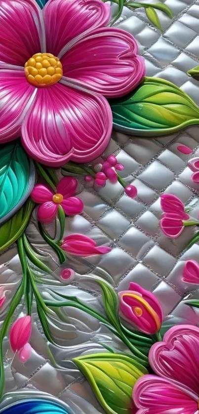 Close-up of vibrant pink and green floral wallpaper design.