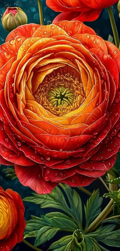 Close-up of a vibrant red and orange flower with detailed petals and droplets.