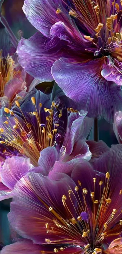 Vibrant floral wallpaper with purple petals and dynamic textures.