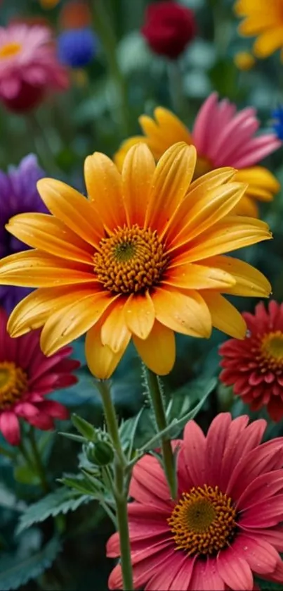 Colorful daisies in a vibrant garden wallpaper.