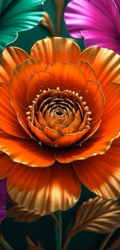 Vibrant orange flower with colorful petals.