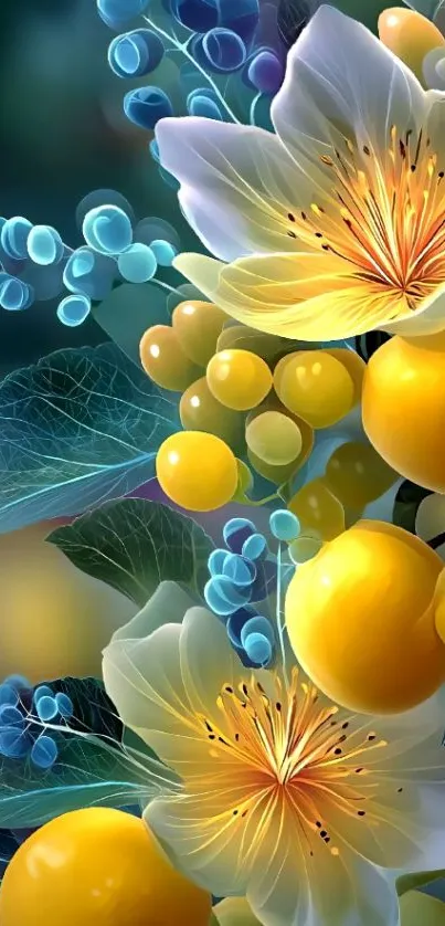 Vibrant wallpaper with yellow flowers and green leaves.