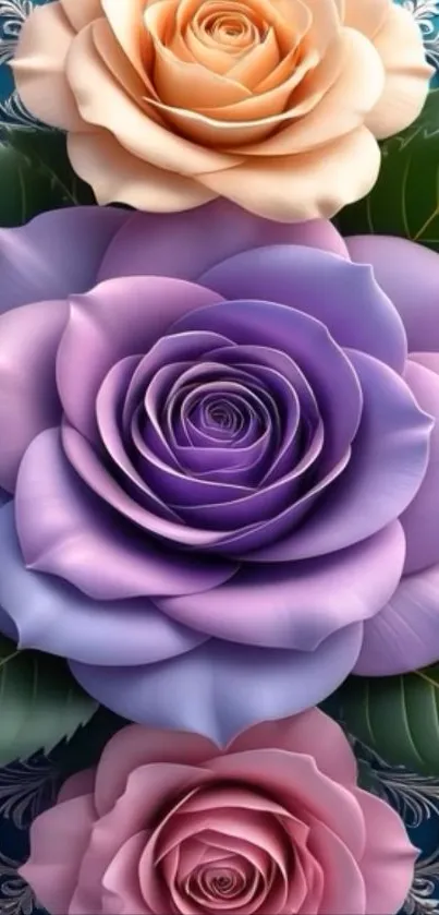 Vibrant roses with lush leaves wallpaper.