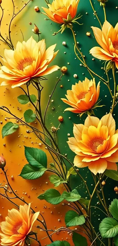 Vibrant orange roses with green leaves on a colorful background.