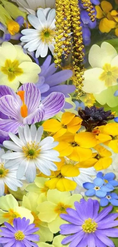 Colorful flower arrangement wallpaper with purple, yellow, and white blossoms.