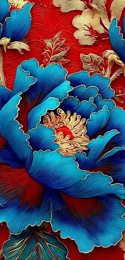 Blue floral design on red background mobile wallpaper.