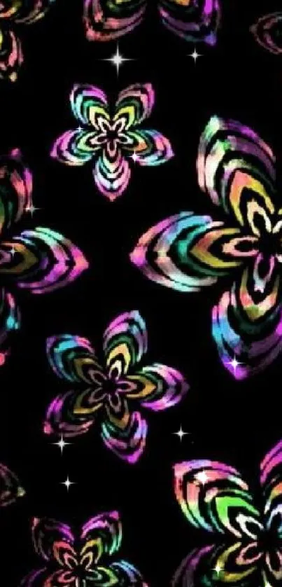 Abstract colorful floral wallpaper on black.