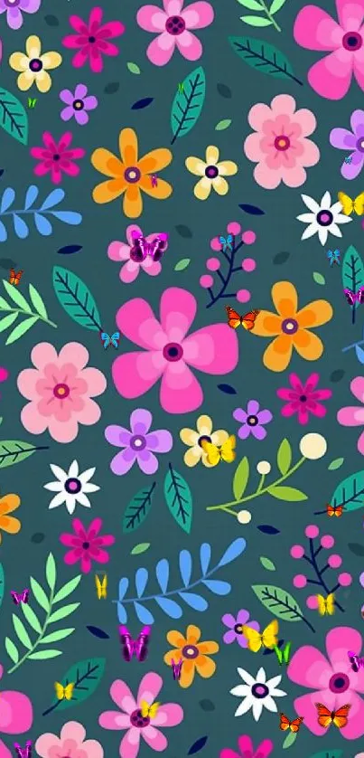 Vibrant floral wallpaper with colorful flowers and leaves on a teal background.