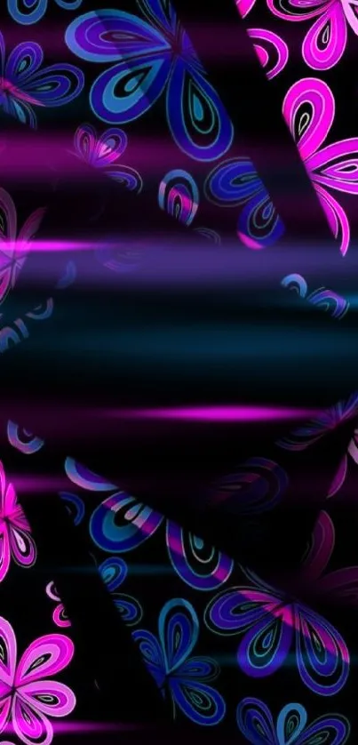 Vibrant pink and blue floral wallpaper on a black background.