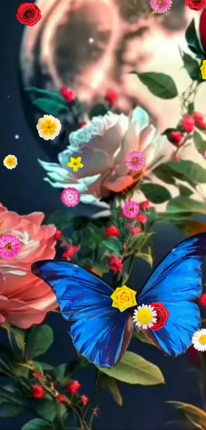 Vibrant floral wallpaper with a blue butterfly and moon.